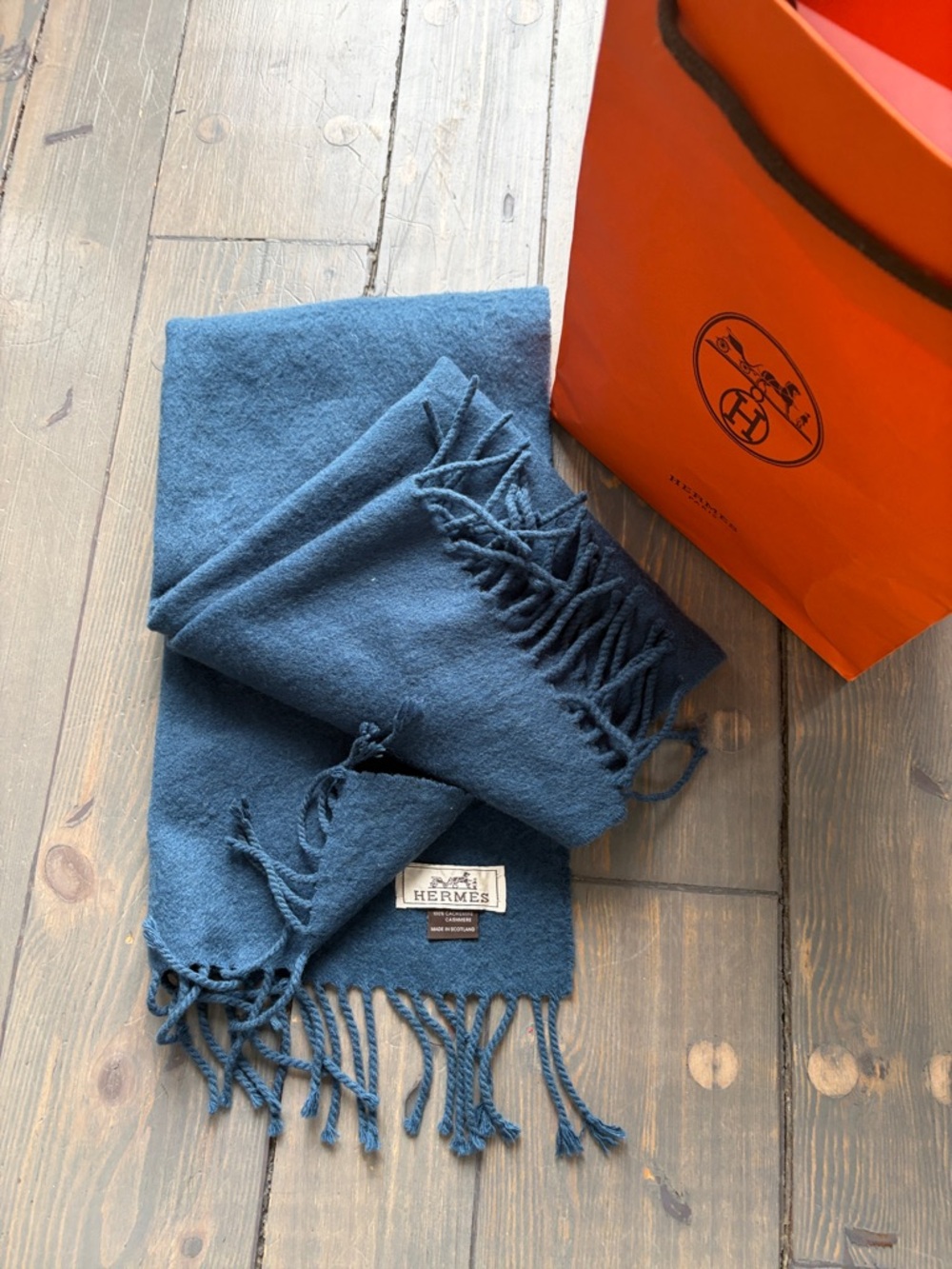 Hermes Slate Blue CASHMERE Scarf with Fringe